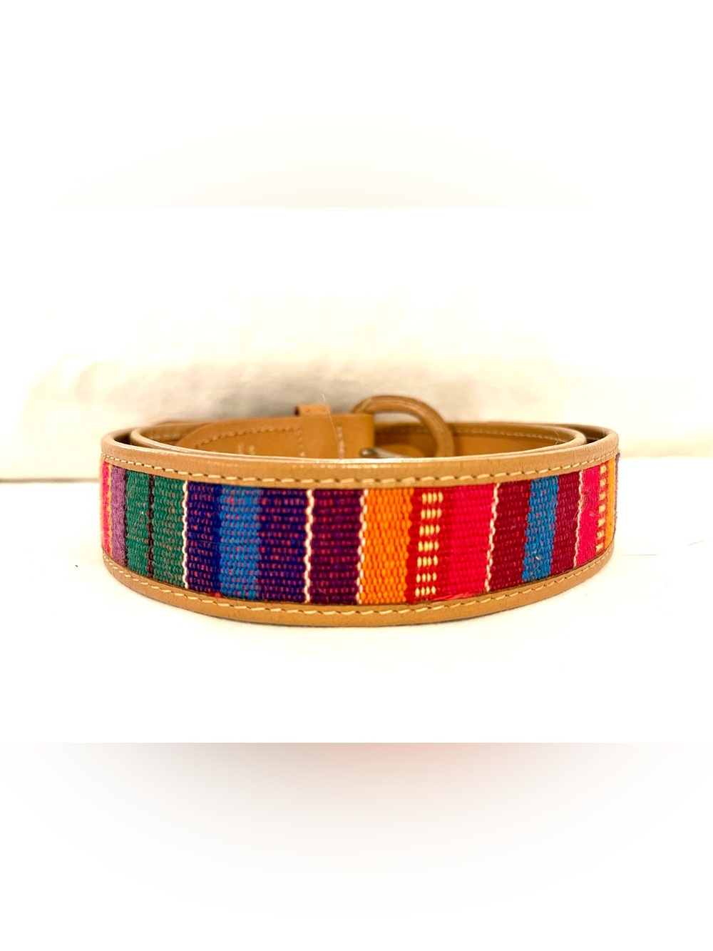 Guatemalan Handwoven Multicolor Woven Belt with Tan Leather Trim M/L - Picture 2 of 6